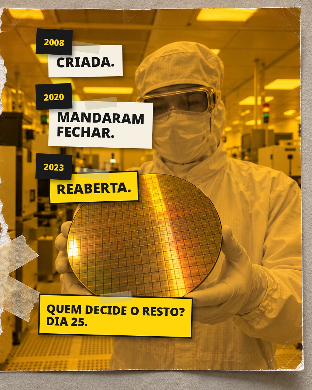 Slide 2: 2008: CRIADA. 2020: MANDARAM FECHAR. 2023: REABERTA.