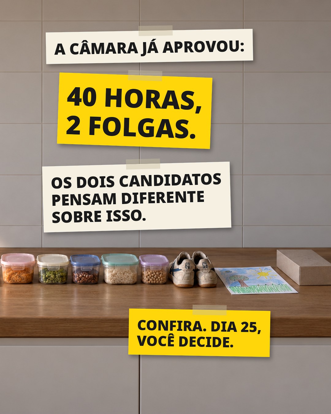 Slide 2: A CÂMARA JÁ APROVOU: 40 HORAS, 2 FOLGAS. OS DOIS CANDIDATOS PENSAM DIFERENTE SOBRE ISSO.