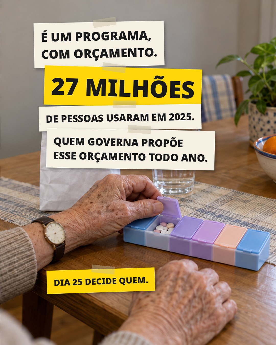 Slide 2: É UM PROGRAMA, COM ORÇAMENTO. 27 MILHÕES DE PESSOAS USARAM EM 2025. QUEM GOVERNA PROPÕE ESSE ORÇAMENTO TODO ANO.